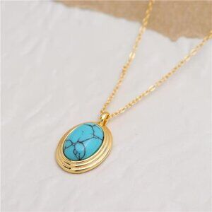 Vintage Turquoise Pendant Necklace | 14K Gold Plated Oval Charm